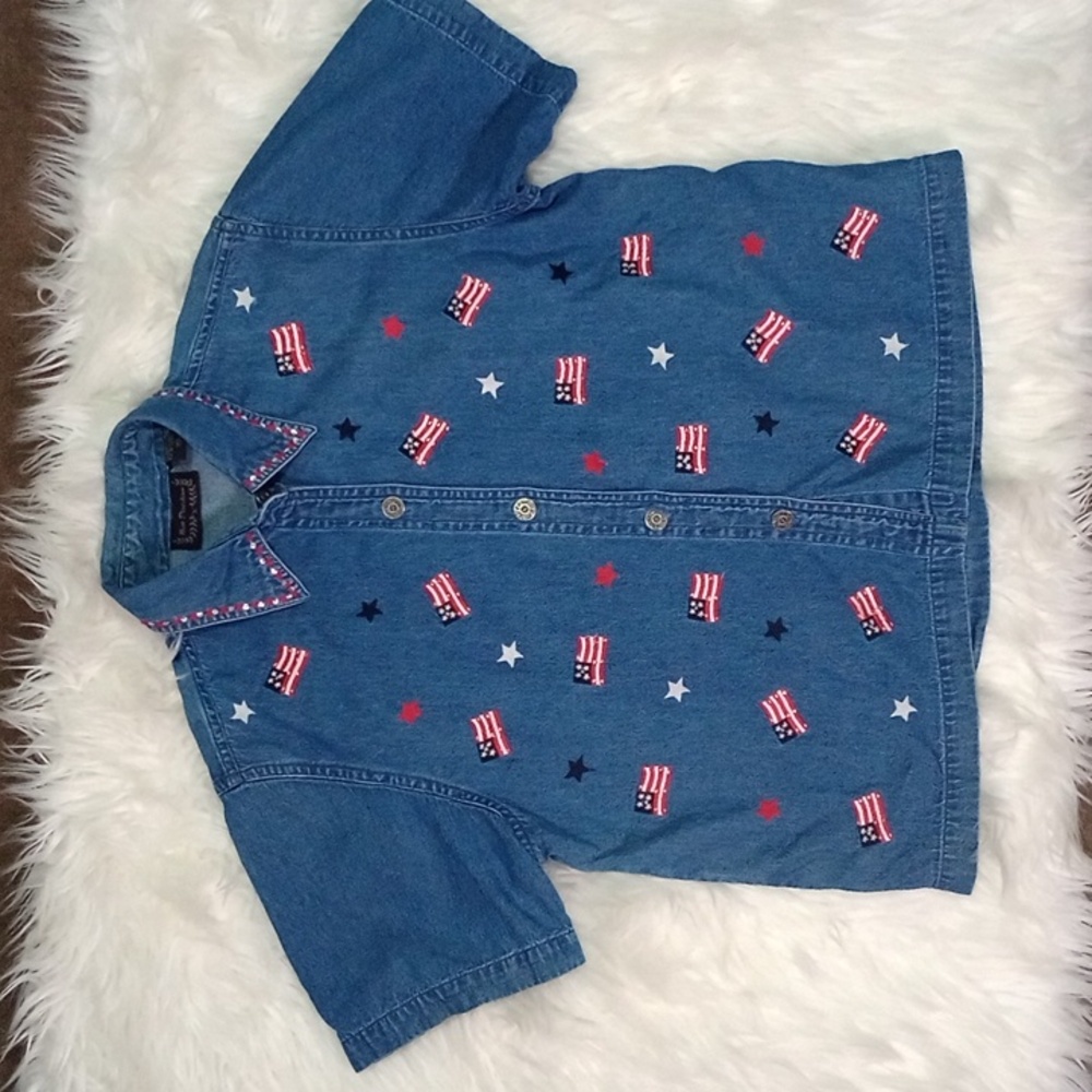 New Direction Denim Shirt with American Flag and Star Embroidery Size M